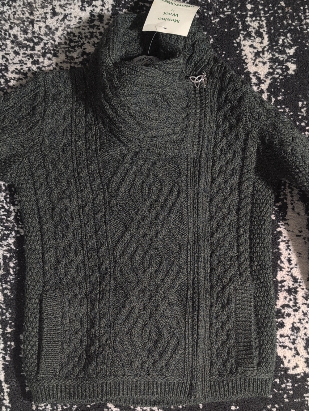 Cable-Knit Aran Crafts Merino Wool full Zip Logan Green Sweater